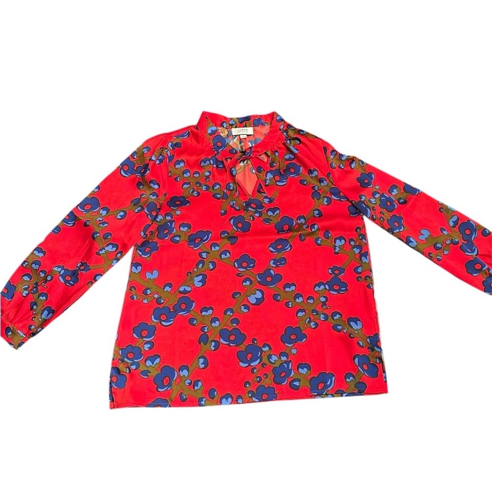 J. Crew Red Floral Long-Sleeve Blouse with Tie Neck